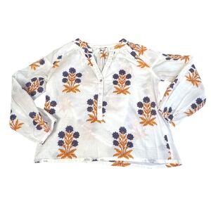 Natura Floral Block Print Lightweight Top Sz S Coastal Peasant White Blue Orange
